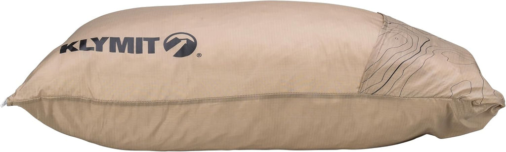 KLYMIT Drift Camping Pillow | Lightweight, Travel Head Rest for Sleep Filled with Shredded Memory Foam, Reversible Outer Cover for Extended Use, Regular Size — Tan
