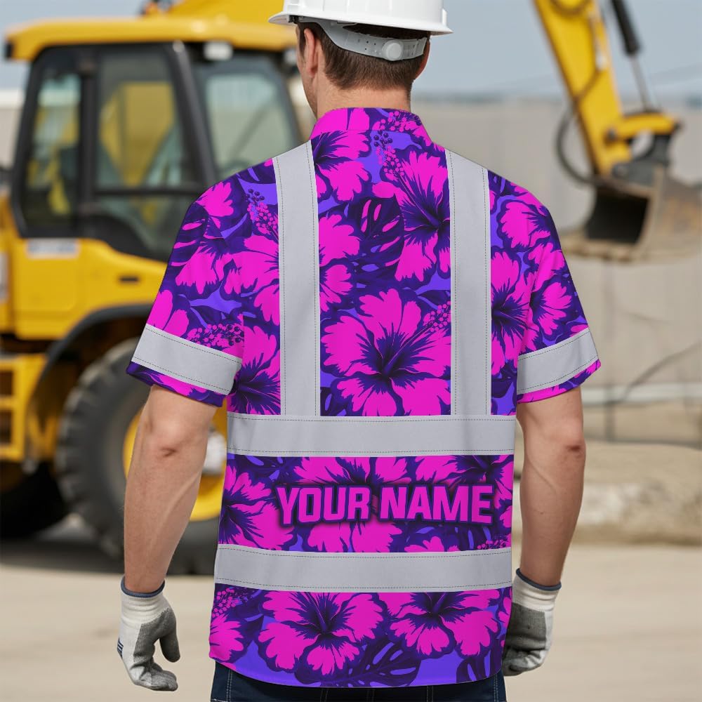 High Visibility Hawaiian Shirt for Men Tropical Shirts Custom Name Floral Outfit Reflective Safety Workwear