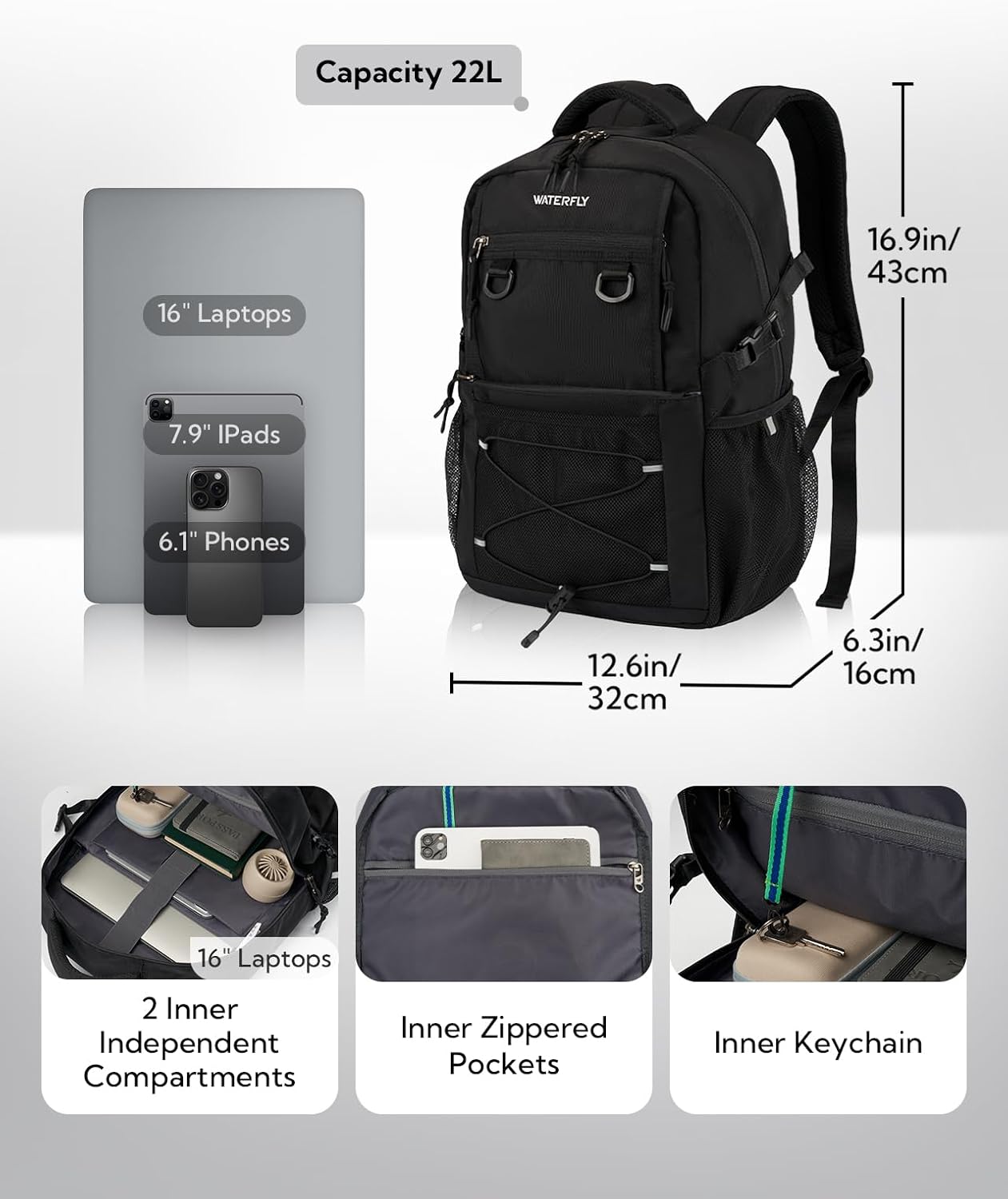 WATERFLY Travel Hiking Casual Backpack: 22L Lightweight Everyday Outdoor City Daypack College Bookbag for Women Men