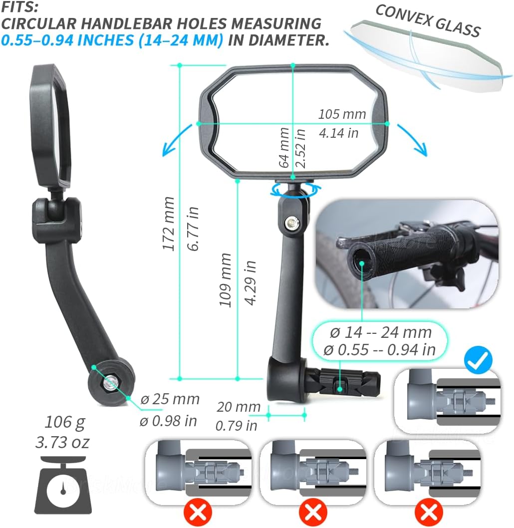 BriskMore Barend Mirror for E-Bikes & Scooters, HD Glass,1 Pair