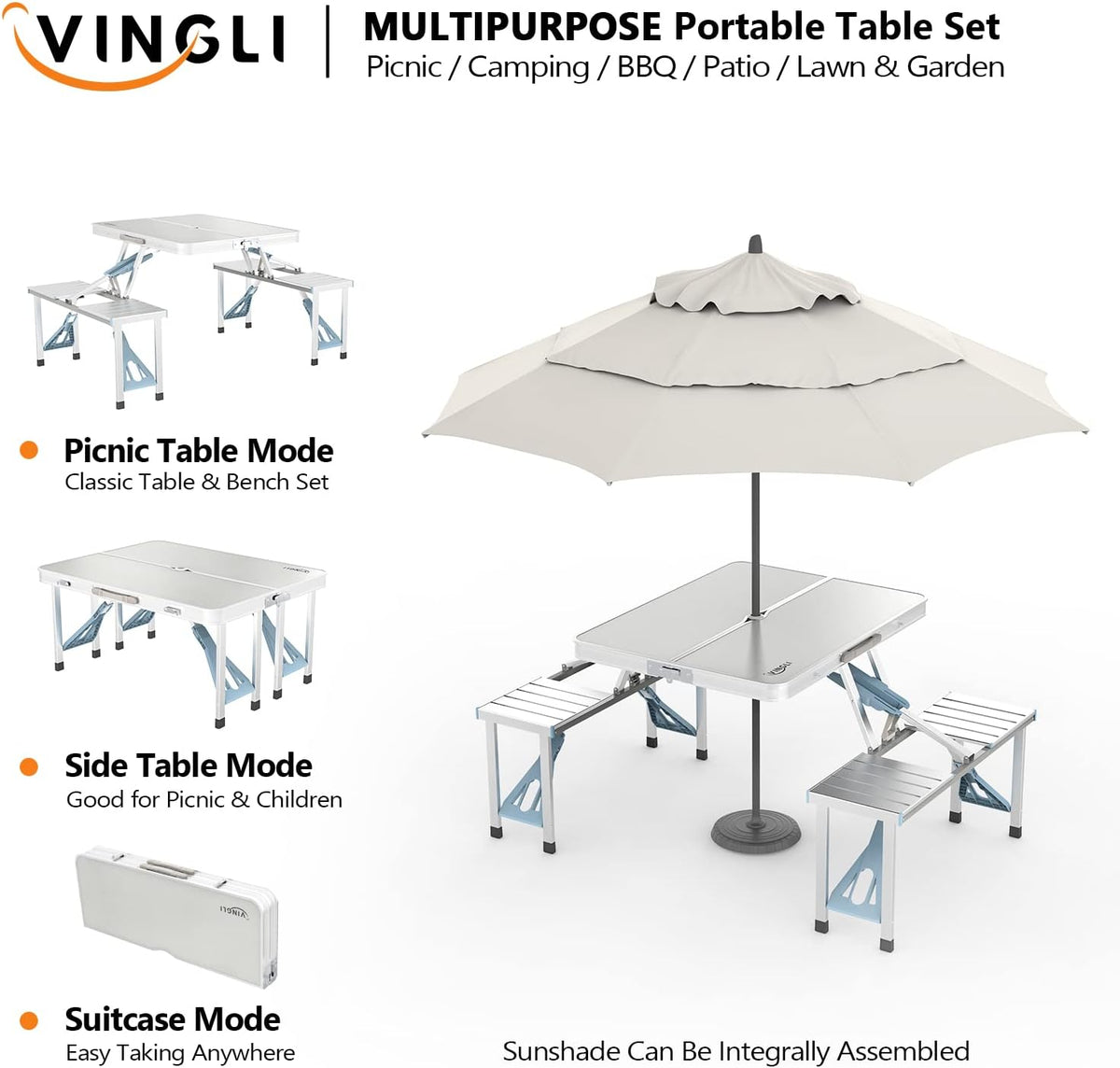 VINGLI 4Ft Folding Camping Picnic Table with Seats/Umbrella Hole-265 Lbs Support that Lightweight and Fold Up Card Suitcase Table Aluminum Alloy Frame, RV Tabletop with Soft Handl