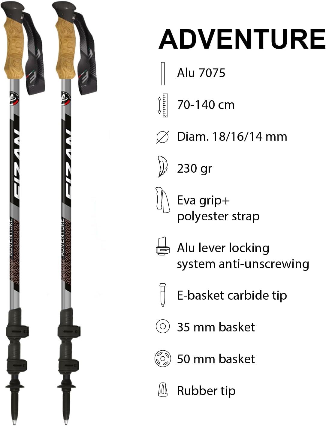 Fizan Adventure Trekking Poles – Ultralight, Backpacking, Thru Hiking Poles, Adjustable, Collapsible, Customized Fit, Cork Grips, Aluminum Walking Sticks