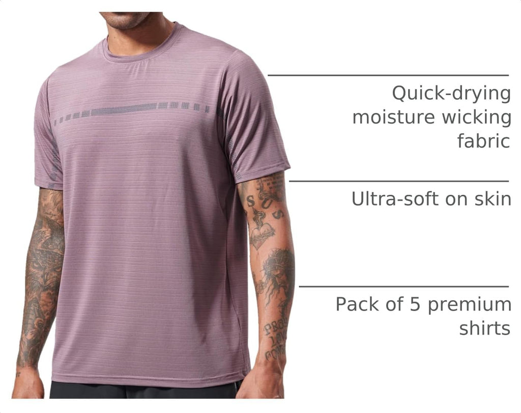 5 Pack Men’s Active Quick Dry Crew Neck T Shirts | Athletic Running Gym Workout Short Sleeve Tee Tops Bulk