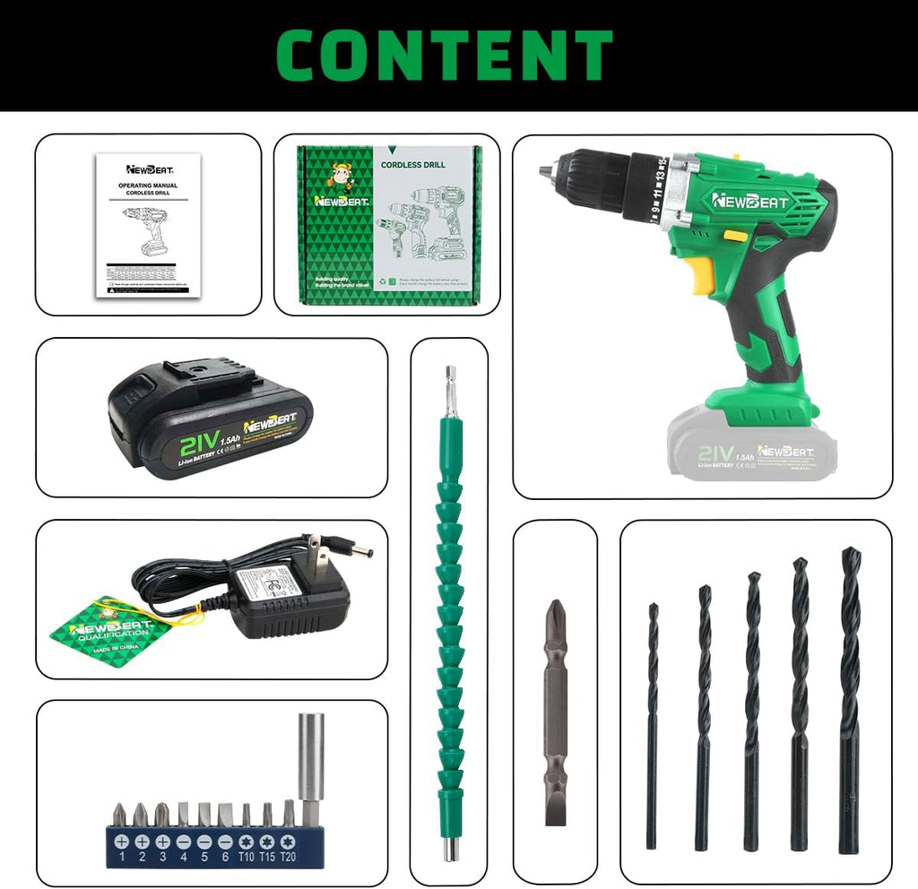 Power Drill Set - 21V MAX Power Drill Driver, Electric Cordless Drill with Battery and Charger, 3/8" Keyless Chuck, 2 Variable Speed, 25+1 Torque Setting Power Tools for Home and DIY Project