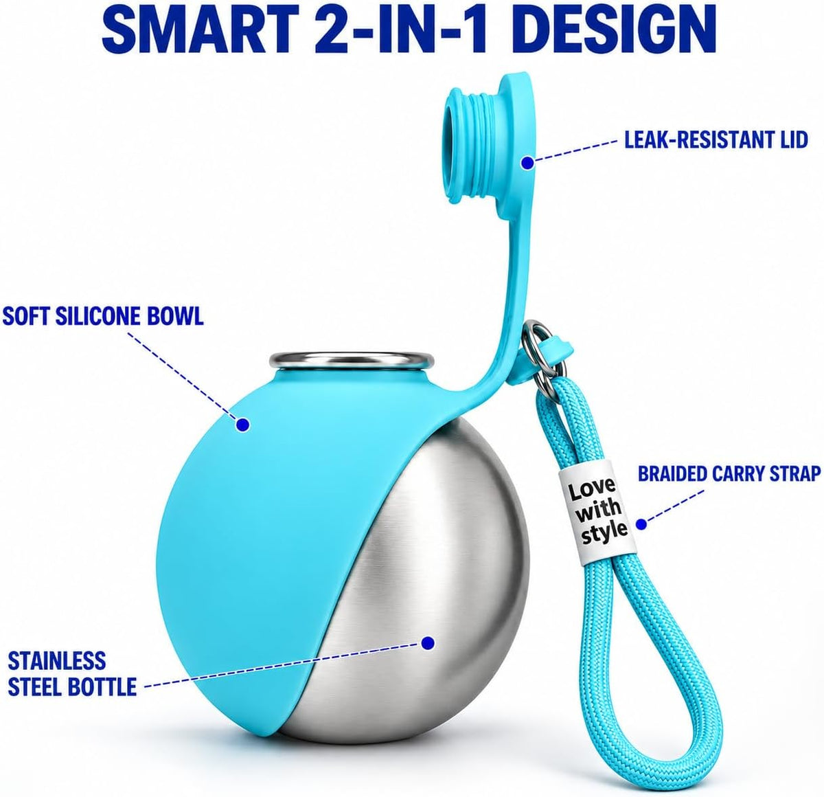 Portable Dog Water Bottle with Bowl, 10oz Stainless Steel, Leakproof