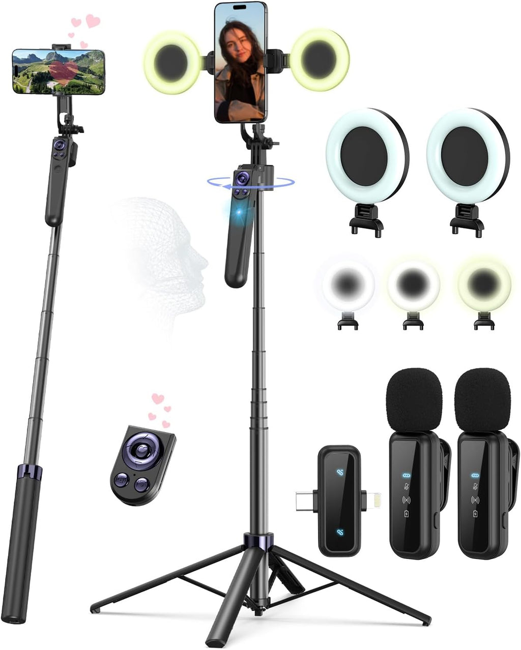 Yeaki 71" Phone Tripod,Tripod for iPhone with Fill Light and Rechargeable Remote,Aluminum Selfie Stick Phone Stand Compatible with Cell Phone/Camera/Ring Light/DJI/GoPro