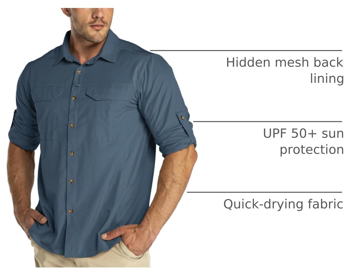 33,000ft Men's Long Sleeve Hiking Shirts Lightweight Quick Dry Sun Protection UV UPF 50 Fishing Shirt Outdoor Safari Travel