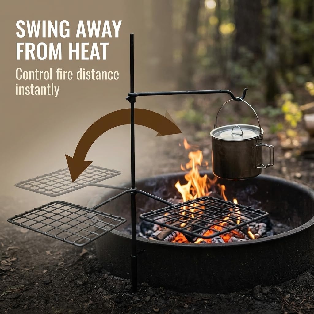 BattlBox Swivel Grill Set, Bushcraft Steel Campfire Camping Cooking Grate