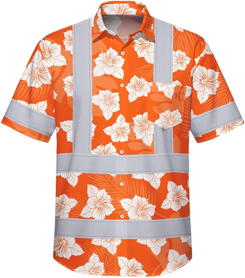 High Visibility Hawaiian Shirt for Men Tropical Shirts Custom Name Floral Outfit Reflective Safety Workwear