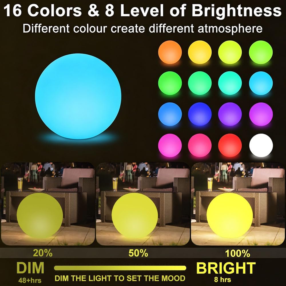 16 In Cordless LED Glowing Ball Light, LED Globe Orb Night Light w/Remote,16RGB Color Changing Waterproof Light Up Ball Rechargeable Indoor/Outdoor Mood Lamp for Nursery Garden Patio Party Bar Decor.
