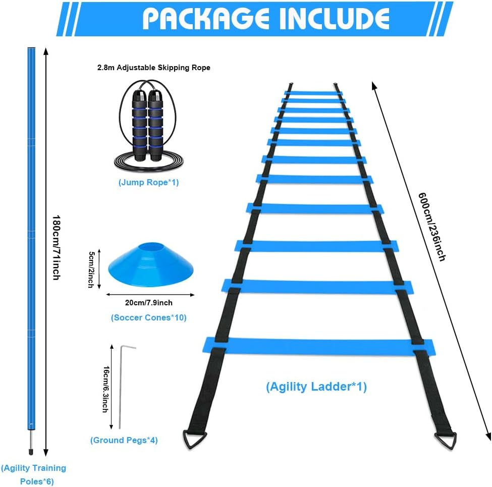 HOTOOLME Agility Training Poles Equipment Soccer Training Equipment Includes 6 Agility Poles,Agility Ladder, 10 Soccer Cones,Jump Rope for Speed Training, Soccer Training, Basketball Athletes & Kids