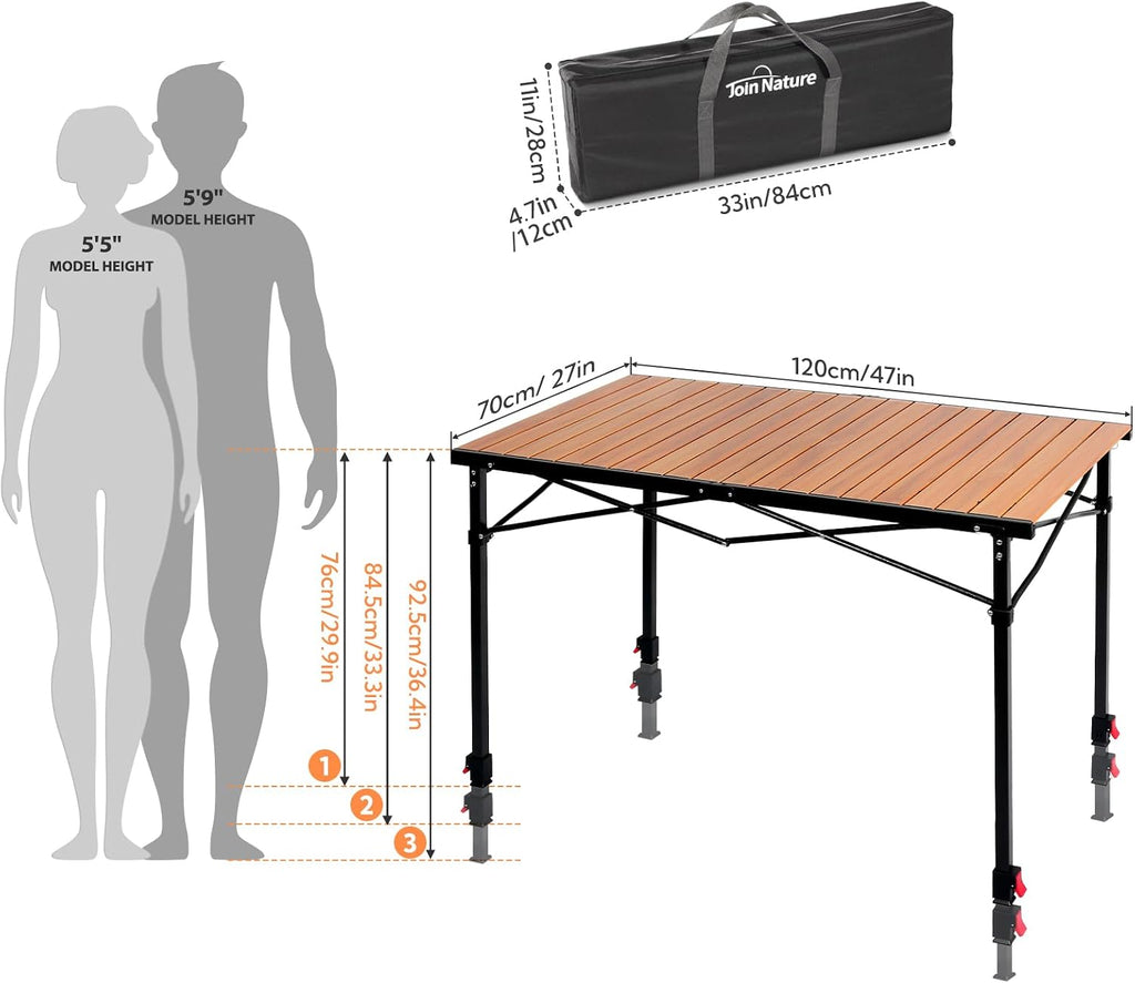 Portable Outdoor Adjustable Height Camping Table, Large for 2-6 Person