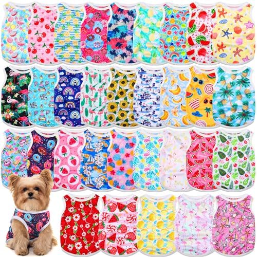 32 Pack Summer Hawaiian Dog Shirts for Small Dogs T-Shirts Pet Shirt Doggie Vest Puppy Clothes Flamingo Top Sleeveless Apparel for Cats(Small)