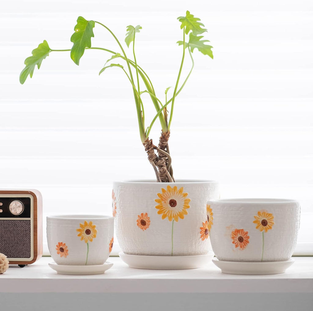 Ceramic Plant Pots,Sunflower Planters with Drainage Holes & Matching Saucer