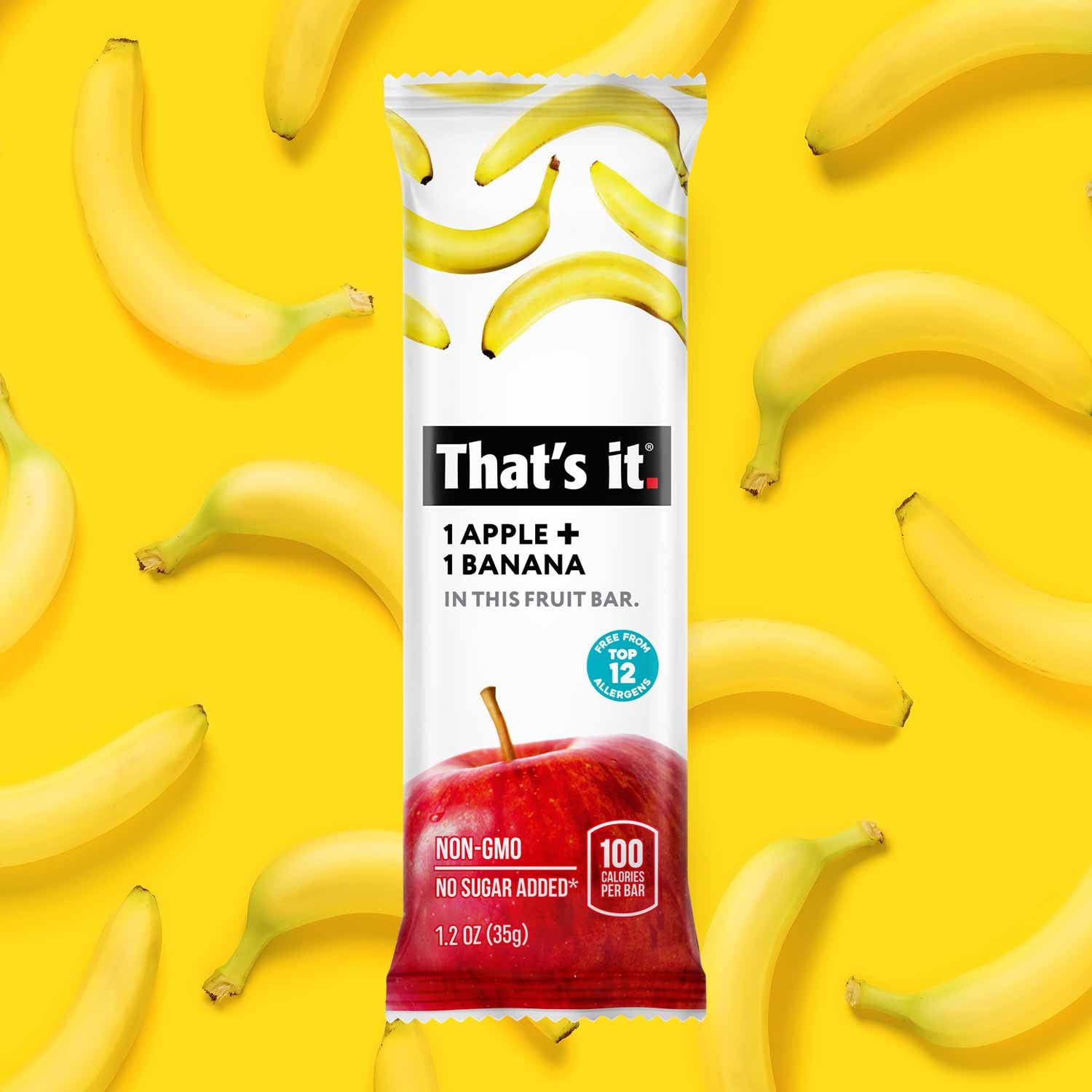That's it Apple + Banana 100% Natural Real Fruit Bar, Best High Fiber Vegan, Gluten Free Healthy Snack, Paleo for Children & Adults, Non GMO Sugar-Free, No Preservatives Energy Food (12 Pack)