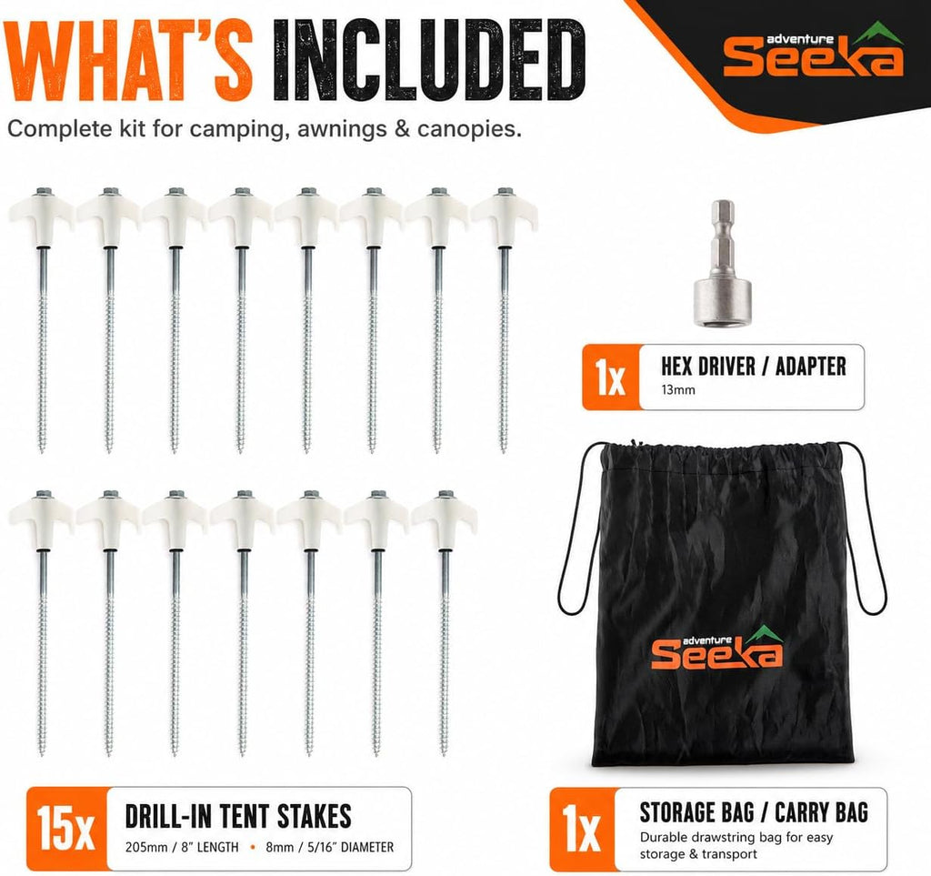 15-Pack 8" Heavy Duty Screw in Tent Stakes, Drill-In Ground Anchor Pegs, Includes Hex Head Driver & Storage Bag