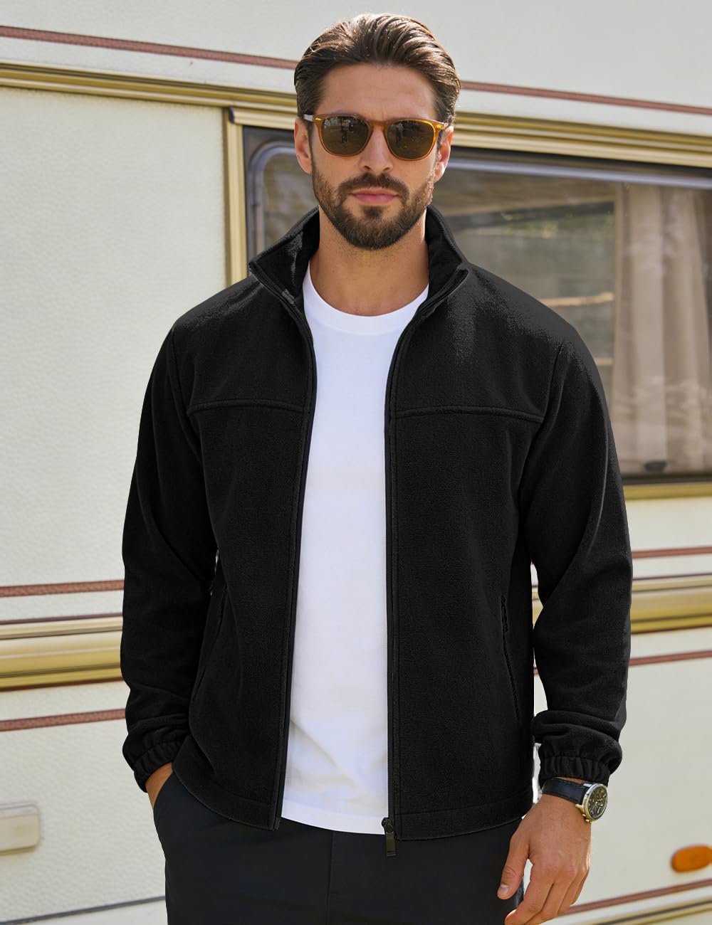 Mens Polar Fleece Jacket Full Zip Lightweight Casual Outdoor Jackets Stand Collar Warm Coats with Pockets