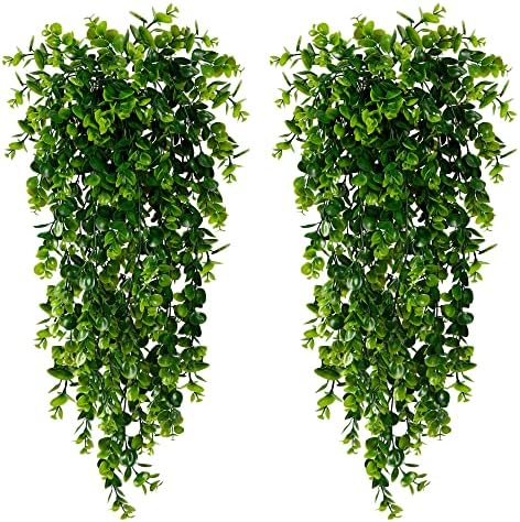 Sggvecsy 4 Pack Artificial Hanging Plants Fake Hanging Plant Faux Hanging Eucalyptus Plants UV Resistant Plastic Plants for Indoor Outdoor Room Wall Wedding Patio Porch Decor