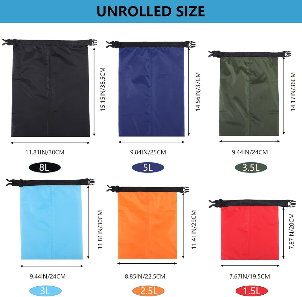Pimoys Dry Bag, 6-Pack Ultralight Dry Sack, Outdoor Roll Top Drybags