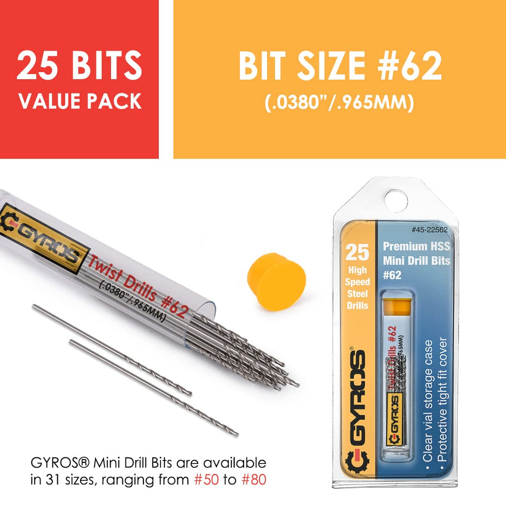 GYROS 25 PCS #62 Micro Drill Bit Set – Small Drill Bits for Jewelry, Plastic, Resin, & Soft Metal – High-Speed Steel Wire Gauge Mini Twist Drill Bit Set for Pin Vise Hand Drill & Rotary Tool