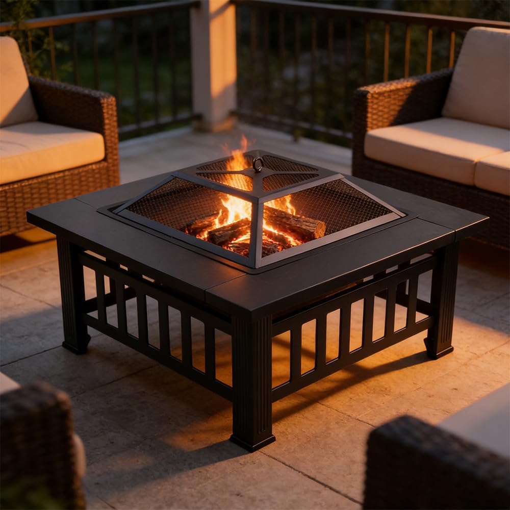 3-in-1 Multifunctional Square Fire Pit Table, 32-Inch Outdoor Metal Fire Pit with Ice Bucket, Black Powder Coated Iron, Charcoal Fueled