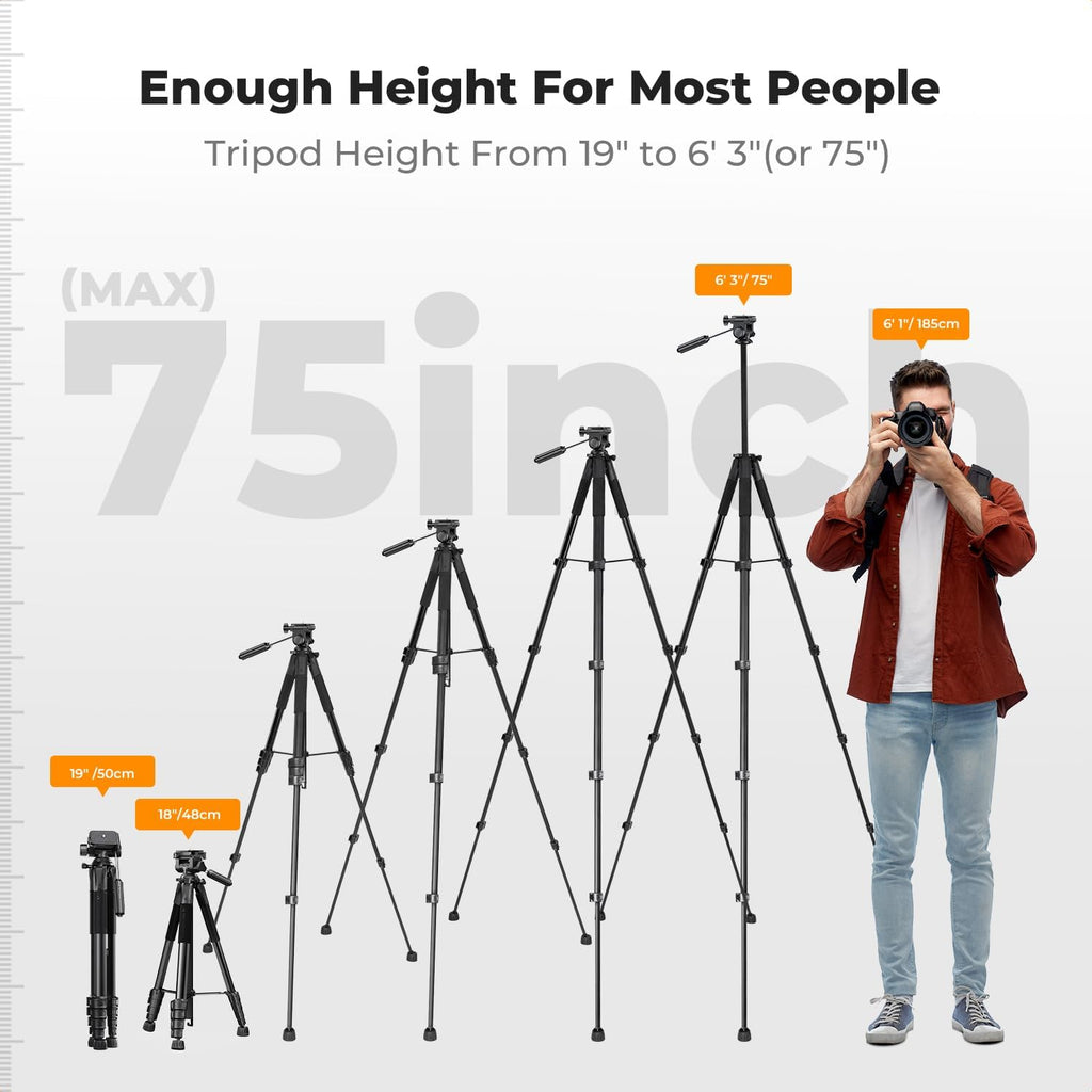 K&F CONCEPT 75" Aluminum Camera Tripod, Lightweight and Compact for Travel