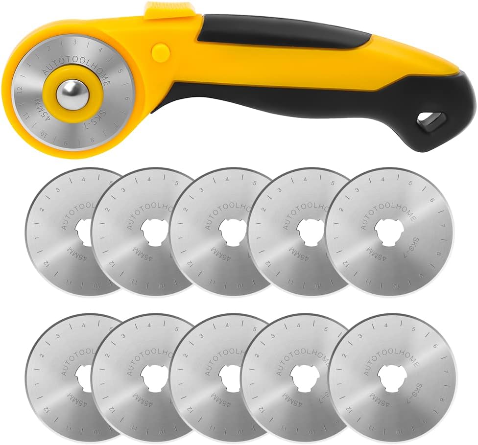 45mm Rotary Cutter for Fabric, w/ 10 Replacement Rotary Blades