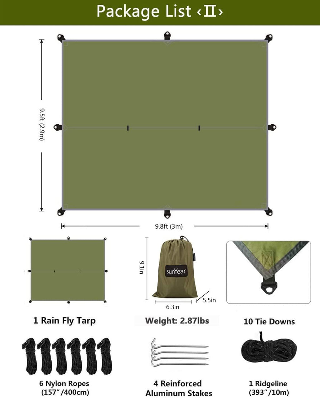 Sunyear Hammock Camping with Rain Fly Tarp and Net, Portable Camping Hammock Double Tree Hammock Outdoor Indoor Backpacking Travel & Survival, 2 Tree Straps,100% Waterproof Green Bundle