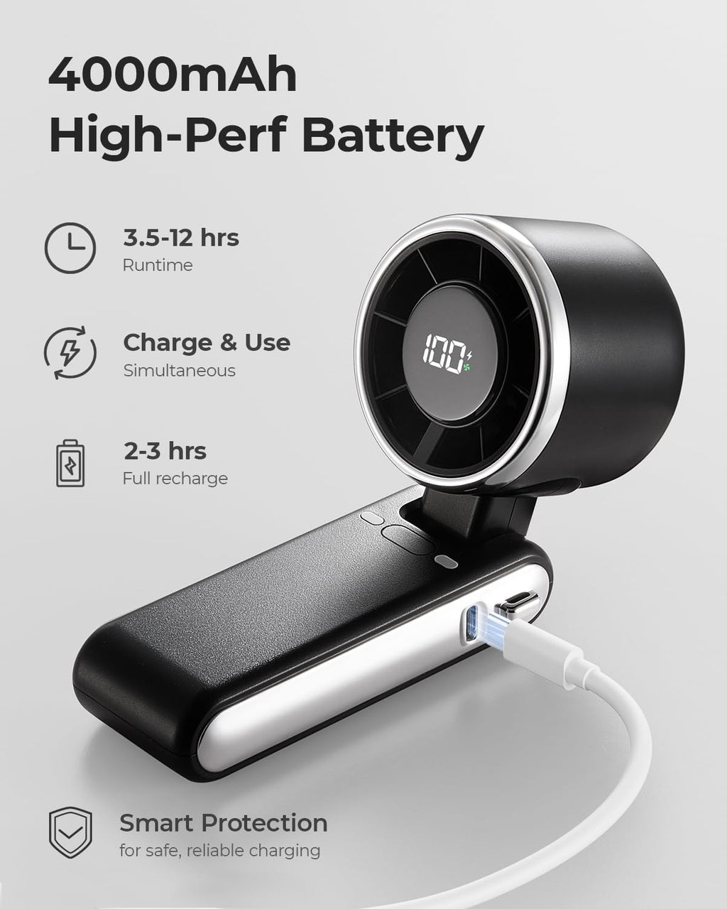 Portable Handheld Turbo Fan - 5 Gear High Speed 4000mAh Rechargeable Mini Personal Hand Fan Blow Cold Air, Battery Operated Travel Essentials, Beach Vacation, Gifts for Women, Men (Black)