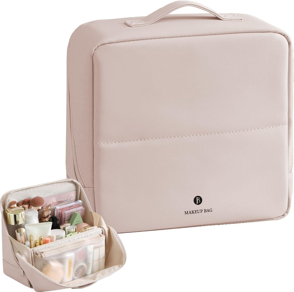 tianzong Travel Makeup Bag with Magnetic Fold-Down Flap, Waterproof Leather Cosmetic and Toiletry Organizer for Women, Multi-Zone Standing Storage, Dusty Rose, X-Large