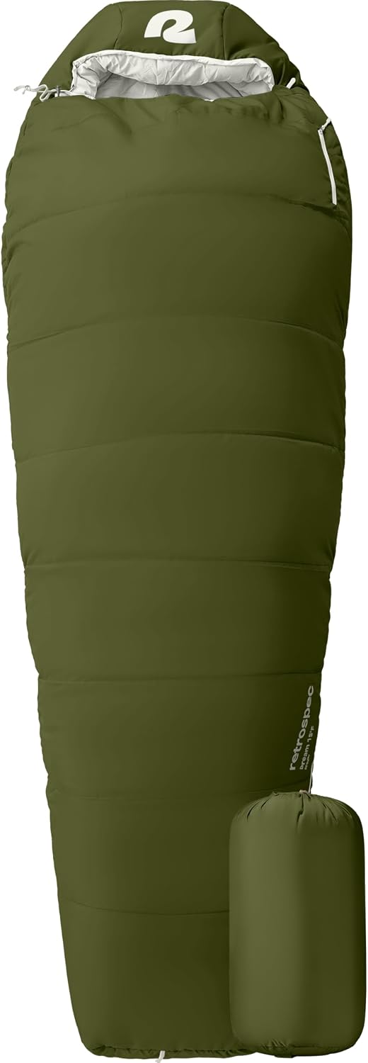 Retrospec Dream Mummy Sleeping Bag - 5, 15, & 30°F Cold Weather Camping & Travel Essential Gear with Water - Resistant Shell & Synthetic Fill - Zippered Pocket & Stuff Sack