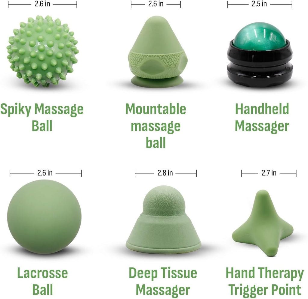 Physical Therapy Pain Relief Massage Ball Set for Trigger Point Release - Myofascial Release Tool & Deep Tissue Massage Set of 6 Pieces - Lacrosse, Spiky, Hand Roller & Mountable Self Massage Ball