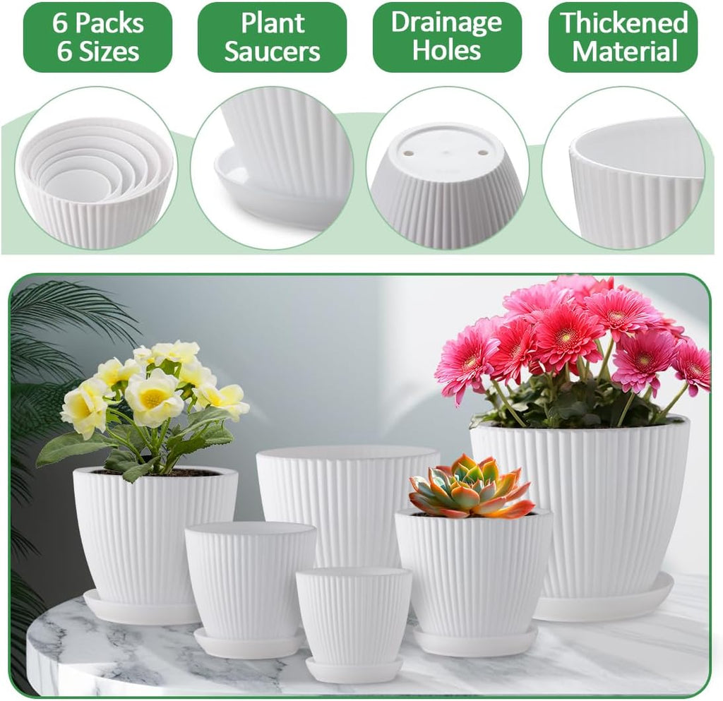 RooTrimmer Multi Size Plastic Plant Pots 6 Pack, Drain Holes, Saucers,White