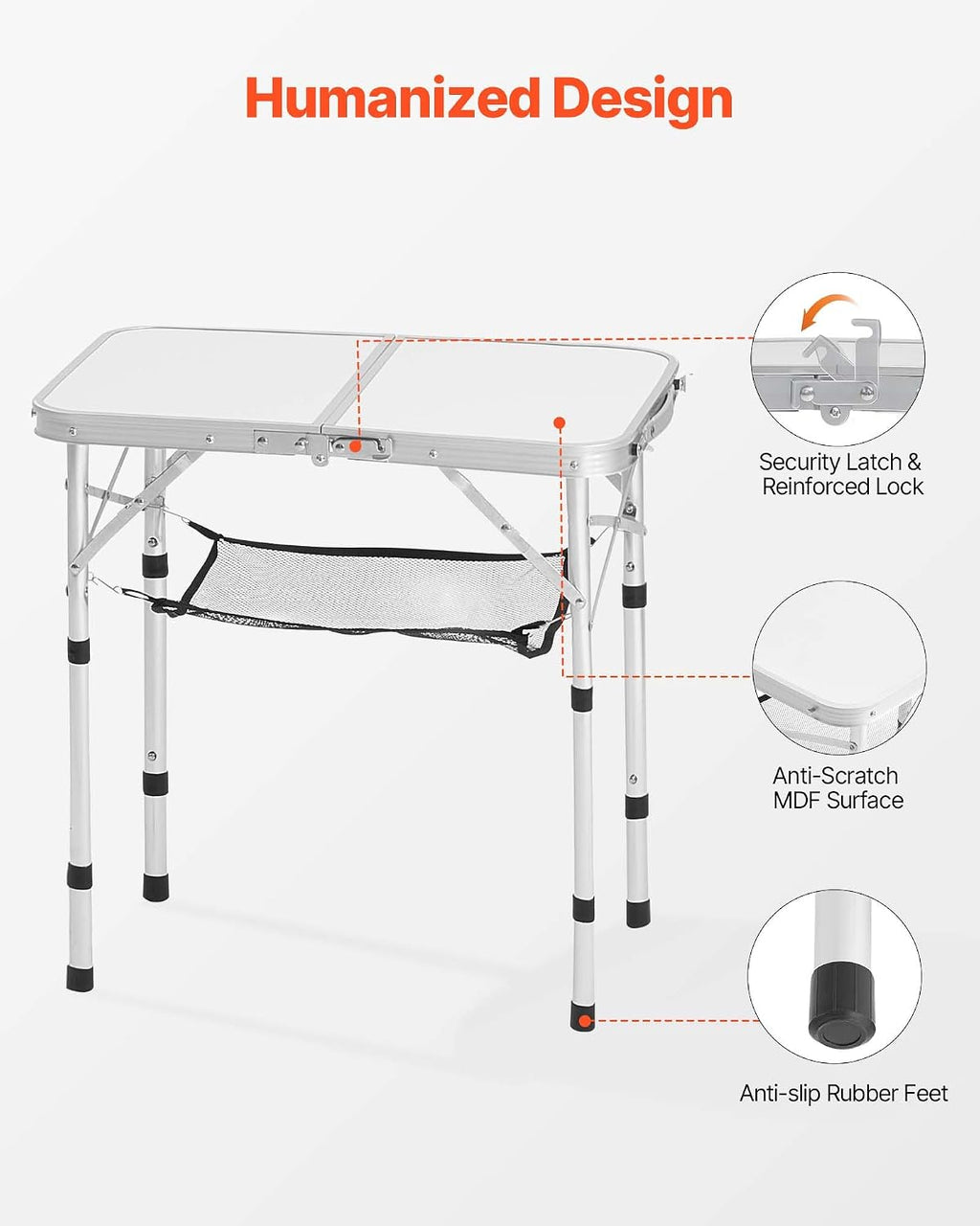 VEVOR Folding Camping Table, Adjustable Height Aluminum MDF Outdoor Portable Lightweight, for Cooking, Beach, Picnic, Travel, 24 x 16 inch