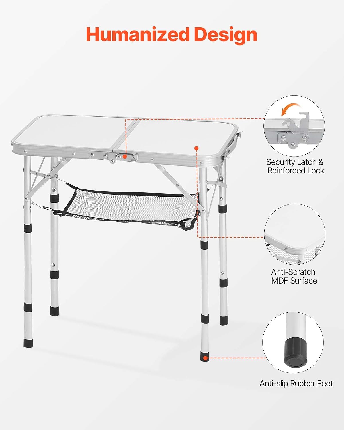 VEVOR Folding Camping Table, Adjustable Height Aluminum MDF Outdoor Portable Lightweight, for Cooking, Beach, Picnic, Travel, 24 x 16 inch