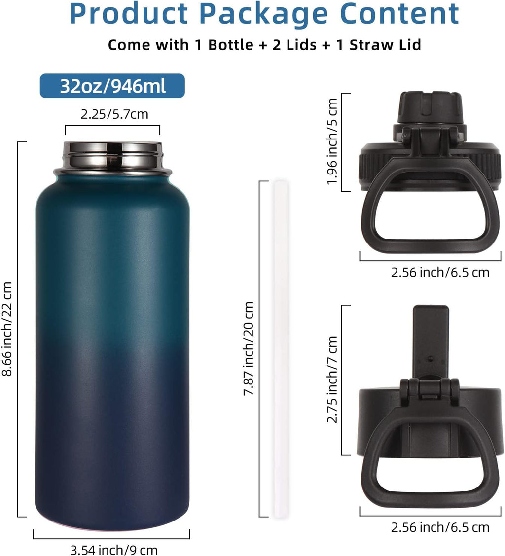 Volhoply 32 oz Insulated Water Bottle with Straw Lid and Spout Lid,Stainless Steel Sports Water Bottle,Double Wall Vacuum Cups,Leakproof Metal Flask with Wide Mouth for Hiking,Camping(Dark Night,1)