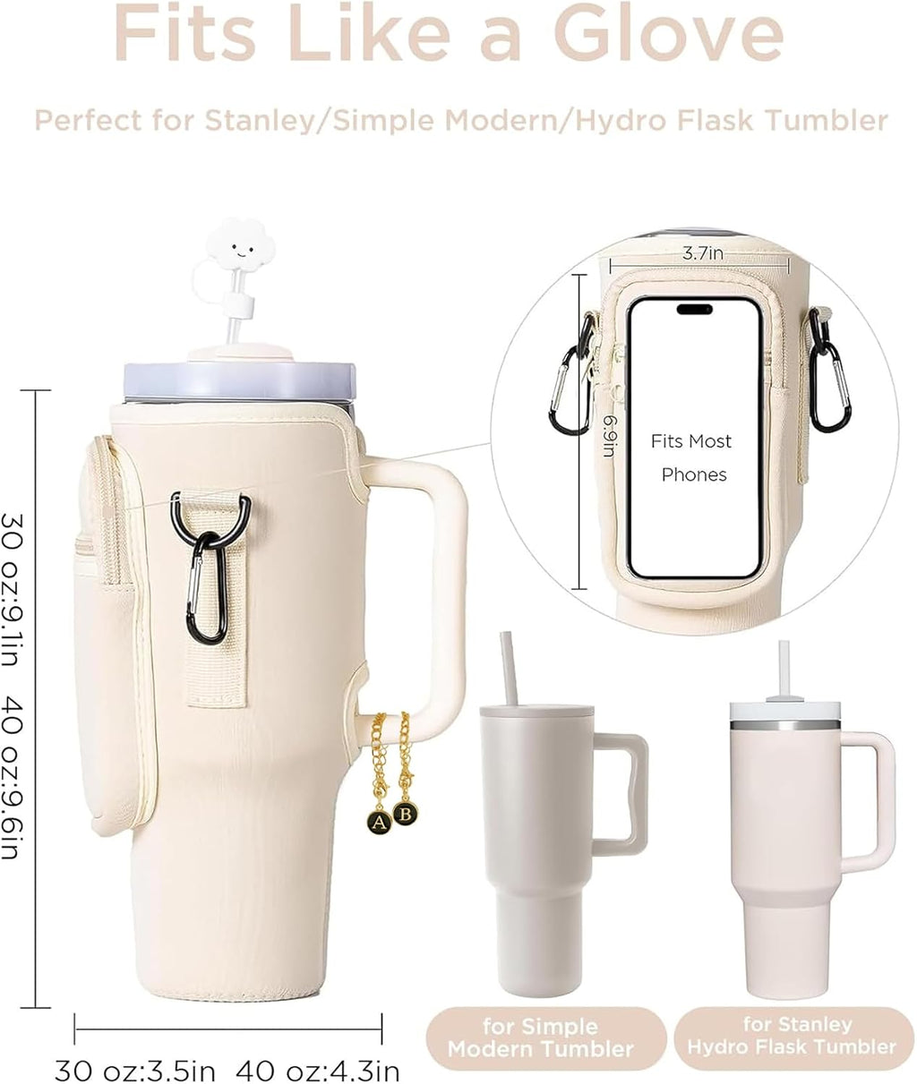 dabria Water Bottle Carrier Bag with Phone Pocket for Stanley 40 oz Tumbler Neoprene Water Bottle Holder Pouch with Adjustable Strap Bollus with Straw Cover & Letter Charm for Stanley Cup Accessories