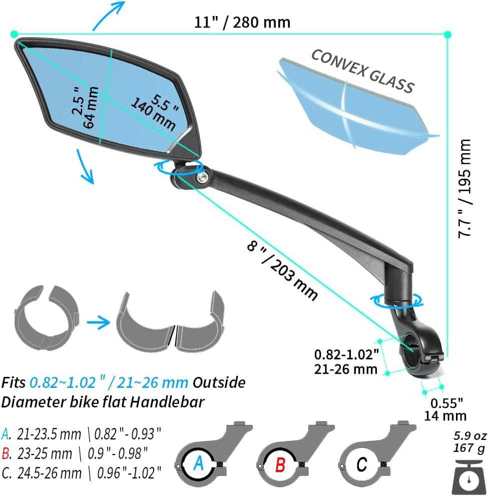 BriskMore Handlebar Bike Mirror - Crystal Clear HD Glass, 360° Adjustable&Foldable Mirror for Safe Riding, Wide Angle Rearview for E-Bikes, Mountain Bikes & Scooters,Bicycle Mirror