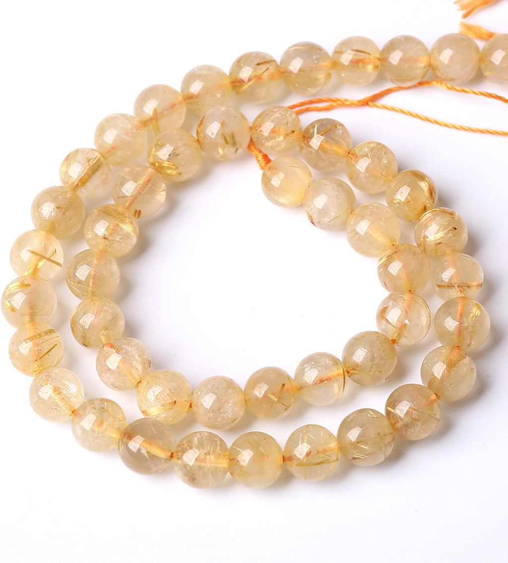 6MM 60PCS Natural Stone Golden Rutile Quartz Beads Gemstone 2A Grade Actinolite Semi Precious Crystal Loose Beads for Jewelry Making DIY Bracelet Necklace 1 Strand