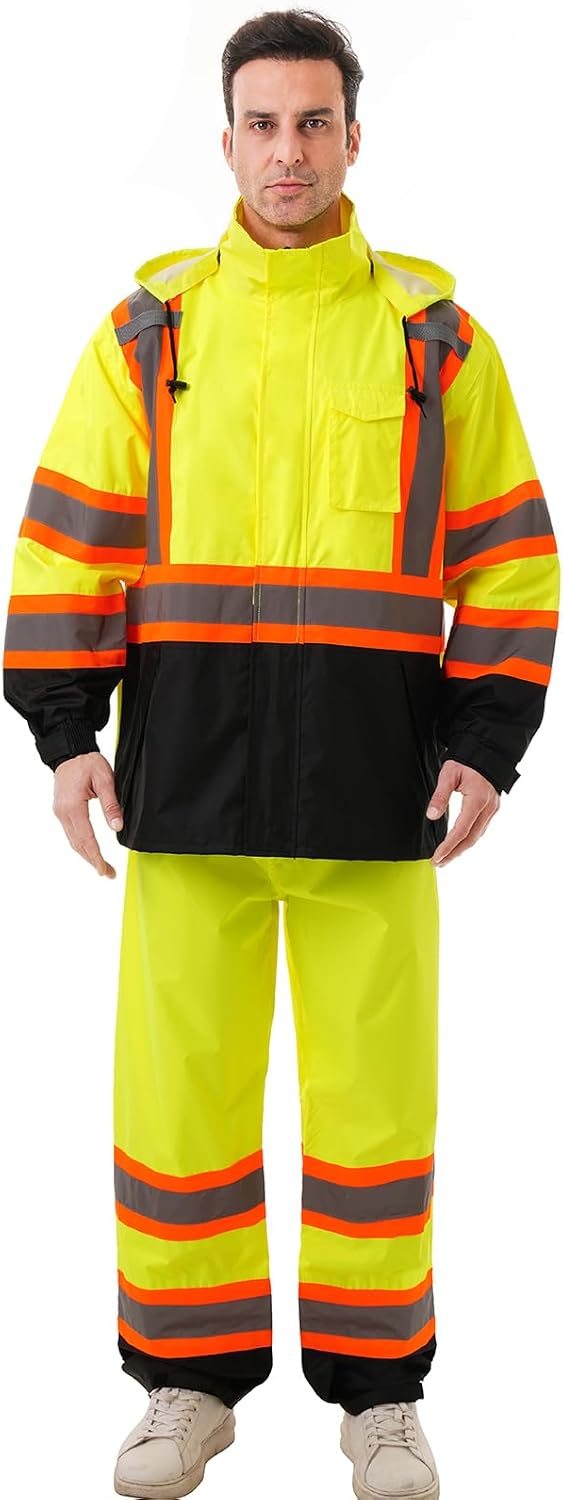 Hi Vis Safety rain Jacket，Reflective Class 3 Rain coat with Inner Mesh Lining and Pockets High Visibility Waterproof work Rain Suits for men&women（Yellow,2XL/3XL）