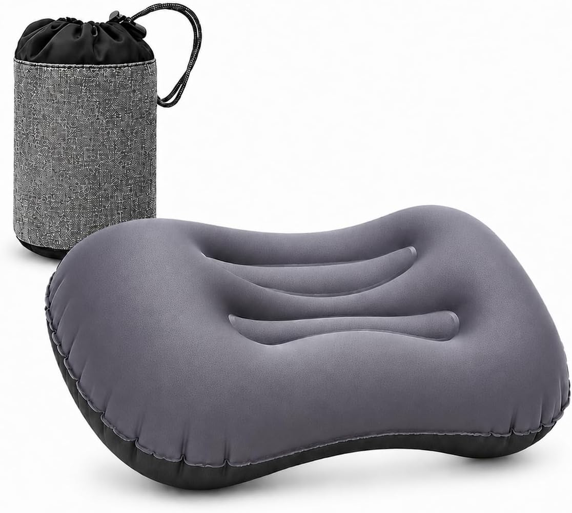 Inflatable Camping Pillow, Ultralight Travel Pillow with Storage Bag for Neck Lumbar Support, Compact Comfortable Inflating Pillow for Camping, Hiking, Backpacking, Outdoor (Dark Gray)