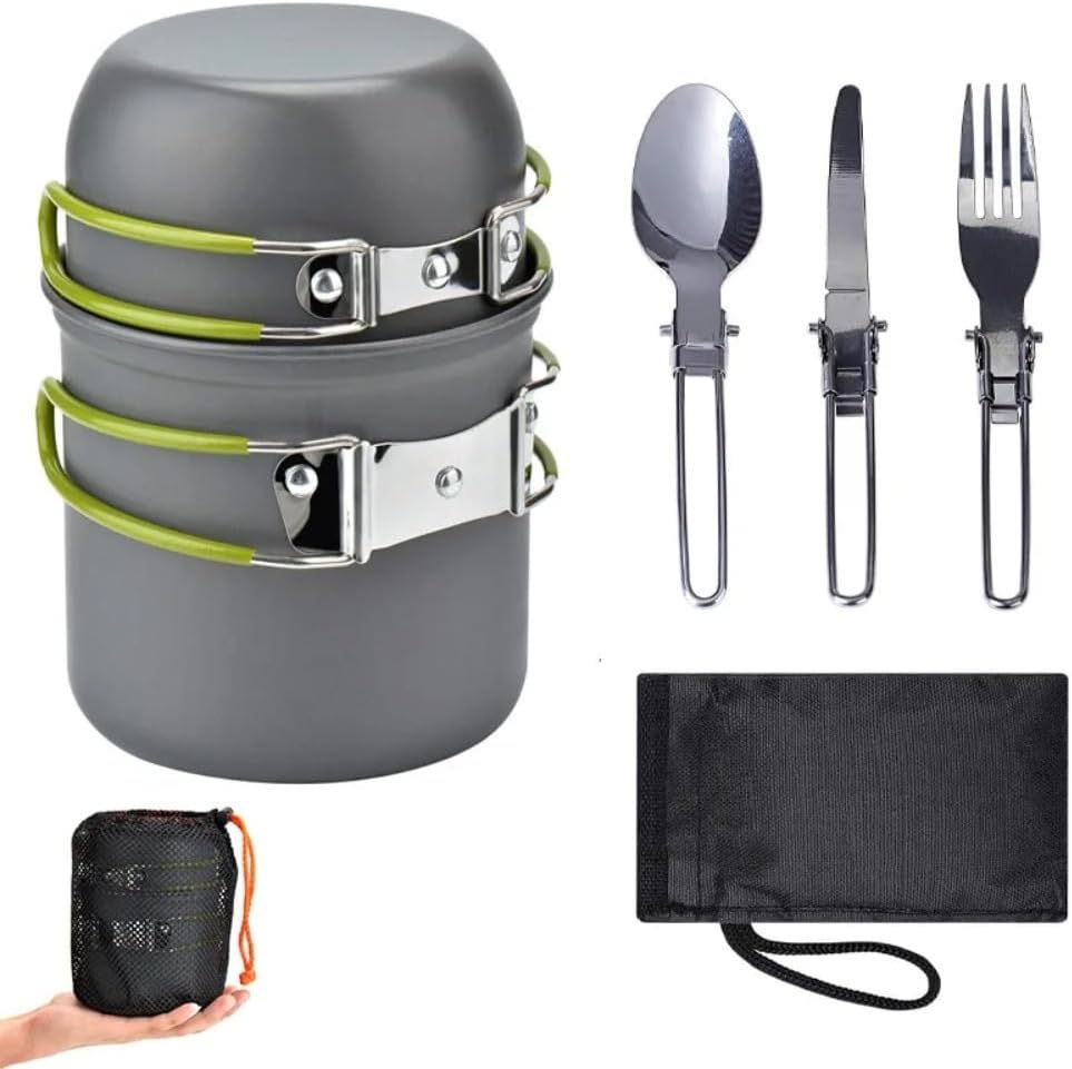 Peidesi Camping Cookware Mess Kit, Portable Camp Stove Pots and Pans Set, Carabiner, Folding Knife, Fork Spoon Kit, Carry Mesh Bag, for Backpacking