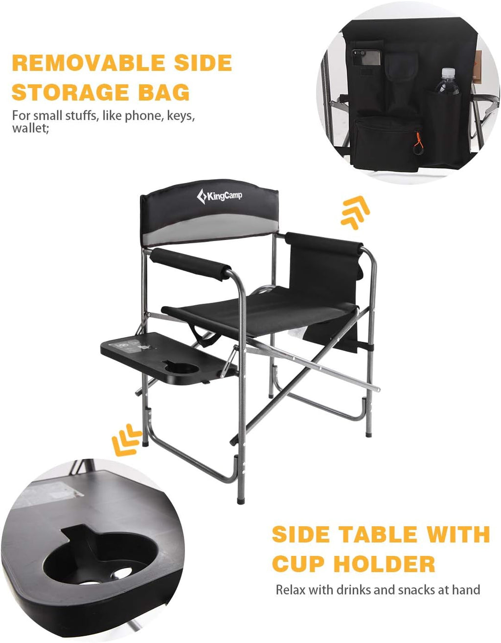 KingCamp Heavy Duty Camping Directors Chairs Supports 400lbs for Adults, Padded Folding Portable Camping Chair with Side Table Storage Pockets Carry Straps