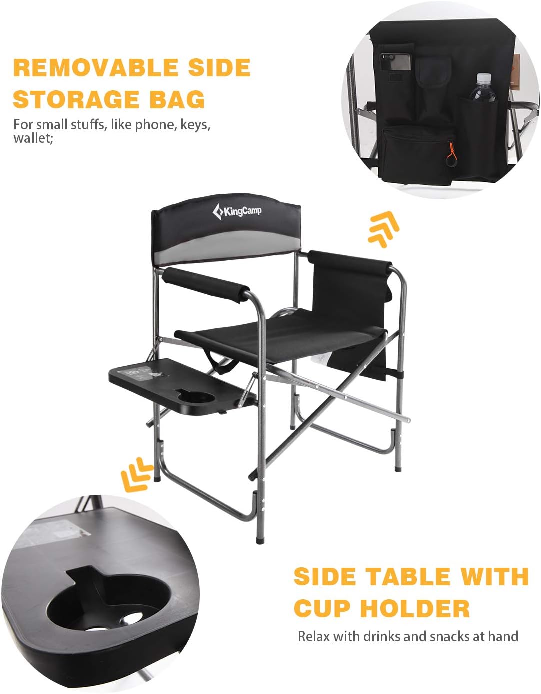 KingCamp Heavy Duty Camping Directors Chairs Supports 400lbs for Adults, Padded Folding Portable Camping Chair with Side Table Storage Pockets Carry Straps