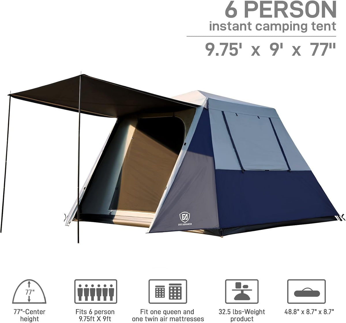 EVER ADVANCED Blackout 6 Person Camping Tent, Instant Cabin Tent for Family with Vestibule and Large Mesh Windows, 60s Easy Setup, Double Layer, Water-Resistant