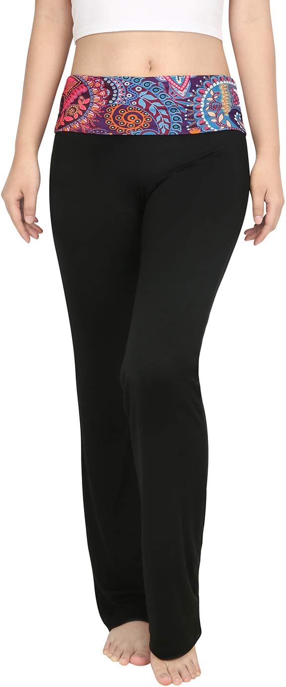 HDE Women's Color Block Fold Over Waist Yoga Pants Flare Leg Workout Leggings