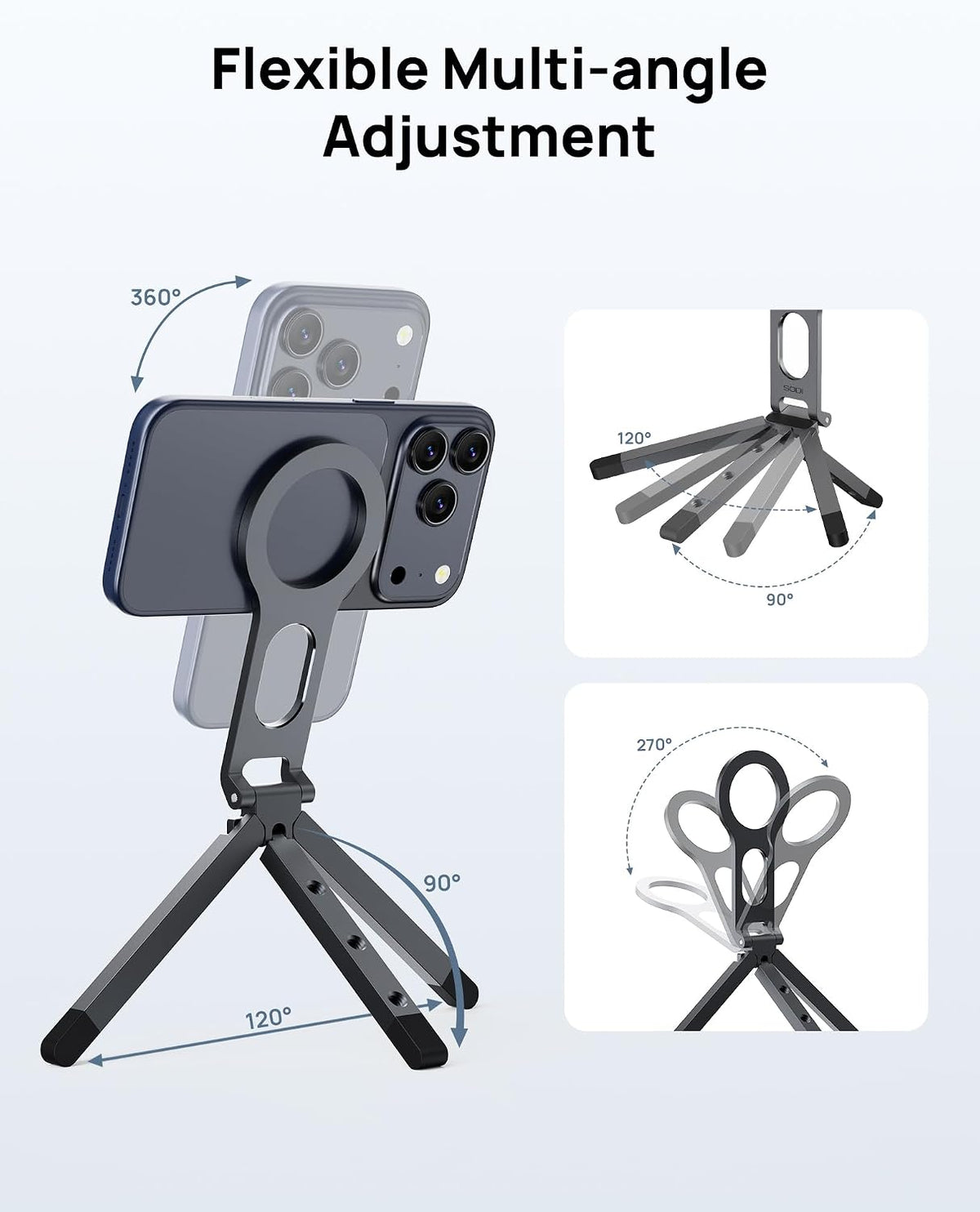 SODI Magnetic Phone Tripod Stand for iPhone - Strong Magnet Foldable Cell Phone Stand for Vlog, Gym, Travel Essentials, Mini Tripod Phone Stand Compatible with iPhone 17 16 15 14 13 12 Series