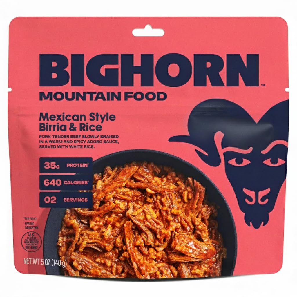 BIGHORN Mountain Food Mexican Style Birria and Rice - contains 6 packs | 12 servings | 210g Protein | 3,840 Calories - premium freeze dried meals for backpacking food - dehydrated camping food for backpacking meal - just add water - great taste