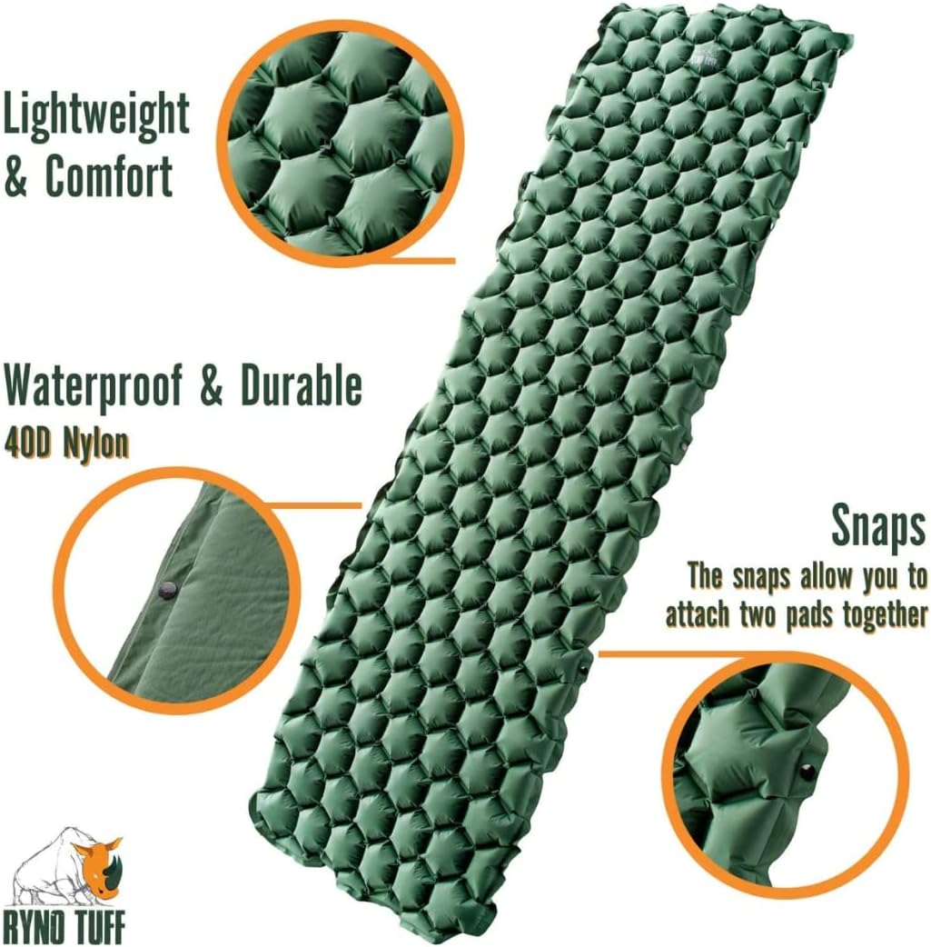 Ryno Tuff Camping Sleeping Pads and Camping Pillow Set - Ultralight Sleeping Pad for Camping, Backpacking Pad and Hiking Sleeping Pad- Ultralight and Packable Floor Sleeping Mat and Pillow Set