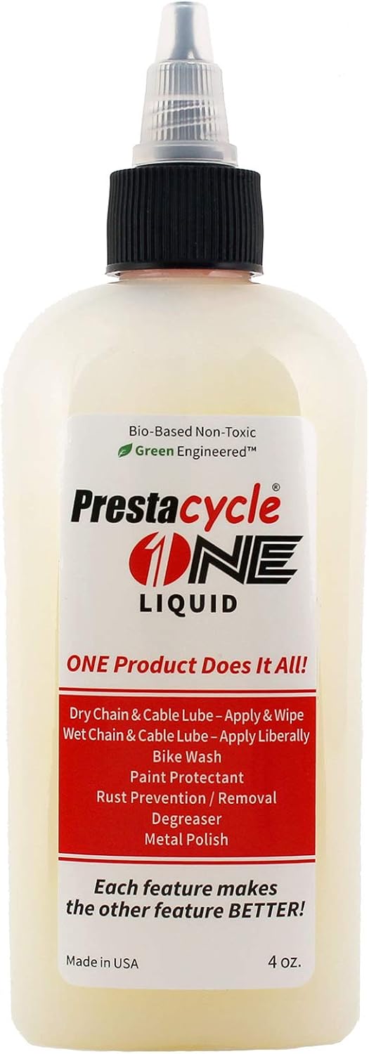 Prestacycle One Liquid, Bike Chain Lubricant and Cleaner, All-in-One Bicycle Lube, Degreaser, Paint Protectant, Metal Polish & Rust Remover, Without Alcohol or Petroleum